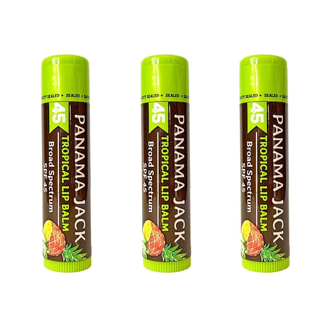 Panama Jack Sunscreen Lip Balm - SPF 45, Broad Spectrum UVA-UVB Sunscreen Protection, Prevents & Soothes Dry, Chapped Lips, Tropical, Pack of 3