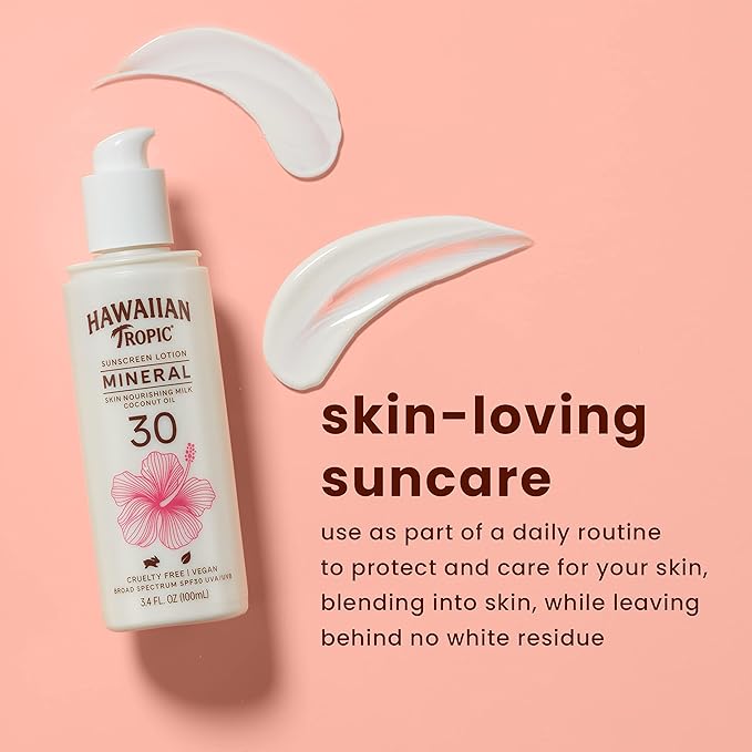 Hawaiian Tropic Skin Nourishing Milk Mineral Sunscreen Lotion SPF 30, 3.4oz | Travel Size Sunscreen Zinc Oxide, Sun Milk, Mineral Sunblock SPF 30, Oxybenzone-Free, 3.4oz