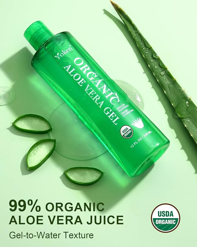 Yoken USDA Certified Organic Aloe Vera Gel 12oz, 99% Pure Aloe Vera Juice, Gel-to-Water Texture, Alcohol Free, No Added Fragrance, Face Body Hair Care, Cooling & Refreshing Summer Skincare