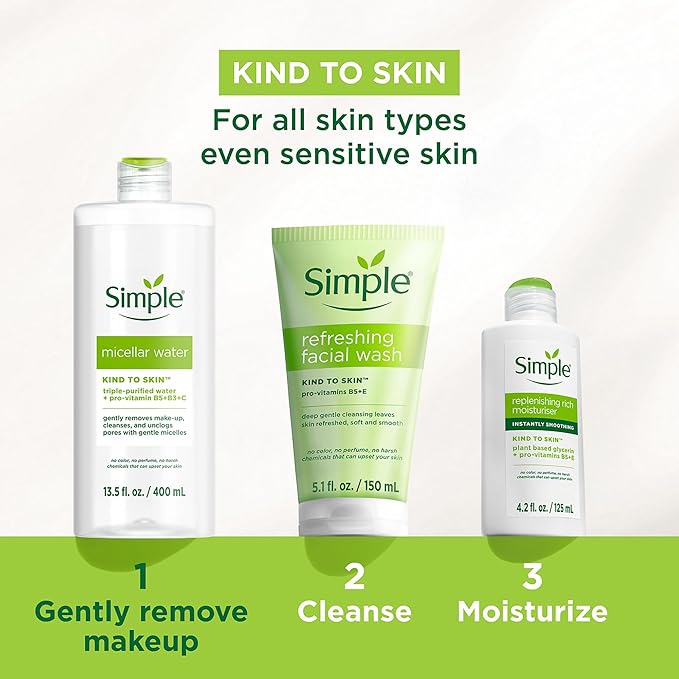 Simple Kind To Skin Micellar Water - Makeup Remover and Facial Cleanser - Face Cleanser with Pro-Vitamin B5, B3 and C - Vegan, No Perfumes - 4 pc