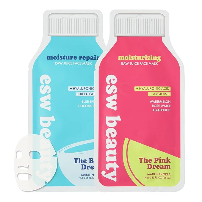 ESW Beauty Hydrating Face Masks - 2-Pack Raw Juice Sheet Mask Set - Moisture Repair & Radiance Skincare Set - Includes The Pink Dream & Blue Dream