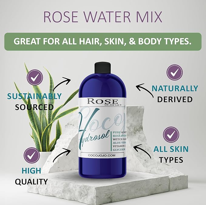 Dr Joe Lab Rose Water Hydrosol, Glycerin, Aloe Vera, Vitamin C & Witch Hazel Mix - Natural, Vegan, Non GMO, Floral, Face, Hair- 32 oz - Hydrating, Cleansing, Toning - Packaging May Vary
