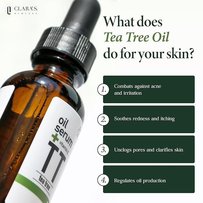 Clara's New York Tea Tree & Vitamin E Facial Oil Serum – Lightweight, Hydrating, Calming Skin for All Types – 30ml / 1 Fl Oz
