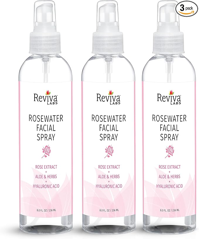 Reviva Labs Rosewater Facial Spray with Soothing Aloe, Herbs & Hyaluronic Acid - Hydrating Rose Water Spray for Face Agua de Rosas para La Cara - Face Mist Toner for All Skin Types, 8 Fl Oz (3 Pack)