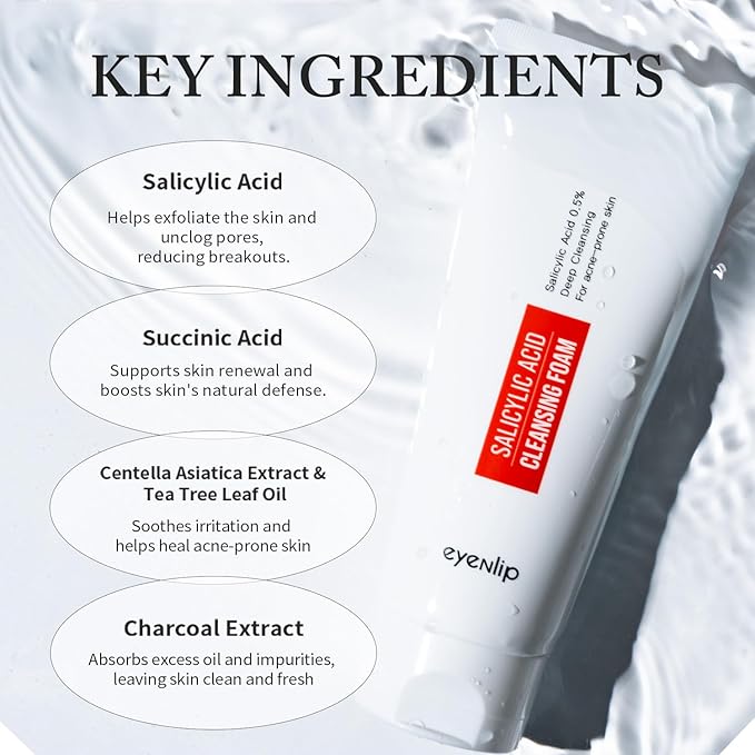 eyeNlip Salicylic Acid Cleansing Foam 5.07 fl oz - Gentle Exfoliating Face Wash with Tea Tree and Charcoal for Clear, Refreshed Skin, Korean Skincare
