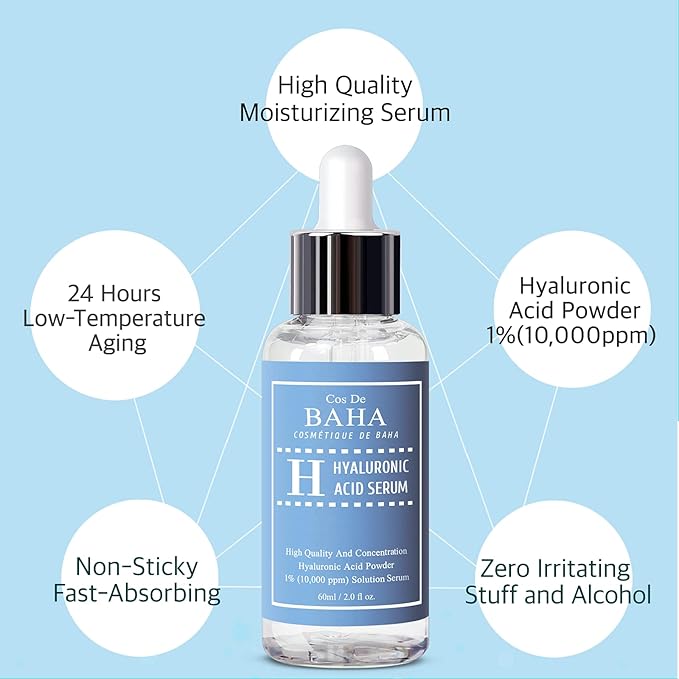 Cos De BAHA Hyaluronic Serum 2 Fl Oz – Pure Sodium Hyaluronate 10,000 ppm Hydrating Face Serum for Dry & Dehydrated Skin – Lightweight Fragrance-Free Korean Skincare Formula (60 ml)