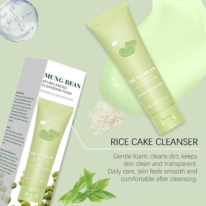 Mung Bean Foam Cleanser, pH-Balanced Purifying Face Wash, Gently Cleanses Excess Oil & Dirt for Smooth, Refreshed Skin, Daily Facial Cleanser for Oily & Combination Skin