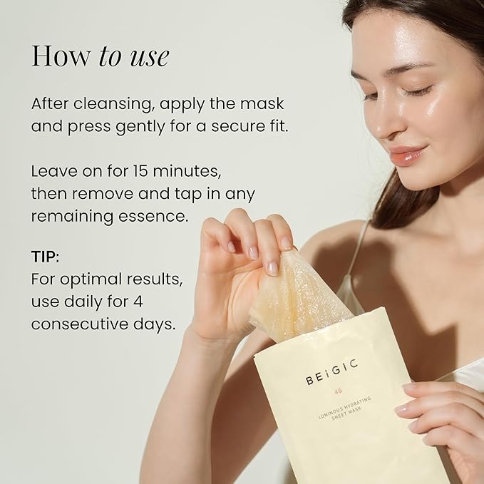 BEIGIC Luminous Hydrating Sheet Mask - Vegan Moisturizing Firming Face Mask Pack with Peptides, Vitamin C & Niacinamide for Dewy Glass Skin (0.84 fl oz)