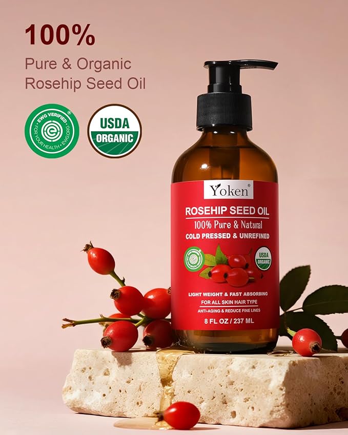 Yoken Rosehip Seed Oil Organic, USDA Certified 100% Pure Rosehip Oils for Skin & Hair, 8 fl oz Cold Pressed Rose Hip Oil for Full Body Care, Moisturizing, Gua Sha, Massage, Carrier Oil