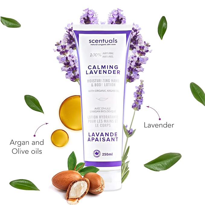 Hand & Body Cream Scented with Essential Oil Lavender, Made with Organic Argan Oil, Olive Oil and Aloe Juice, for Dry Skin, Cruelty Free, Natural Skin Care Products, 250 ml, 8.45 fl.oz