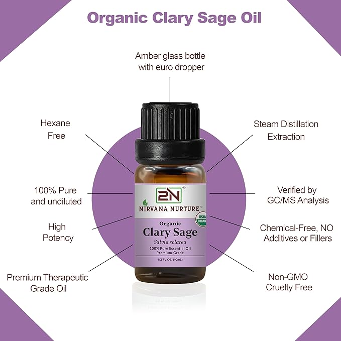Clary Sage Essential Oil, USDA Certified Organic, 100% Pure Undiluted, Aromatherapy Oil for Diffuser, Hair & Skin Care