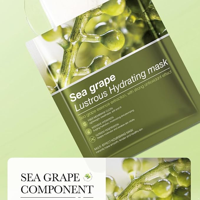 Hydrating Facial Mask Sheet Set of 5, Moisturizing Face Mask for Smooth and Supple Skin, Refreshing Self Care Beauty Sea Grape One Size