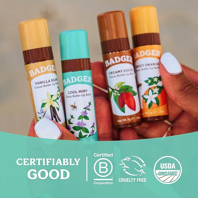 Badger Cool Mint Cocoa Butter Lip Balm, Long Lasting Hydrating Lip Care, 100% Organic Lip Balm, Large Size Stick, 4-pack