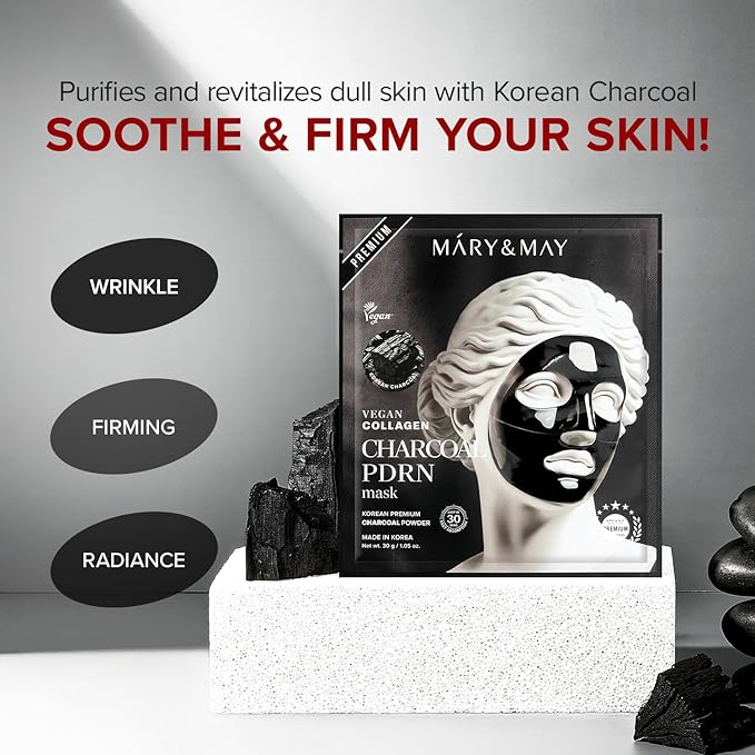 Mary&May Vegan Collagen Charcoal PDRN Mask - Face Sheet Hydrogel Mask - Low Molecular Collagen, 8 Hyaluronic Acid, Niacinamide - Purifying, Hydrating Korean Skincare for Dull & Oily Skin, 4 Sheets