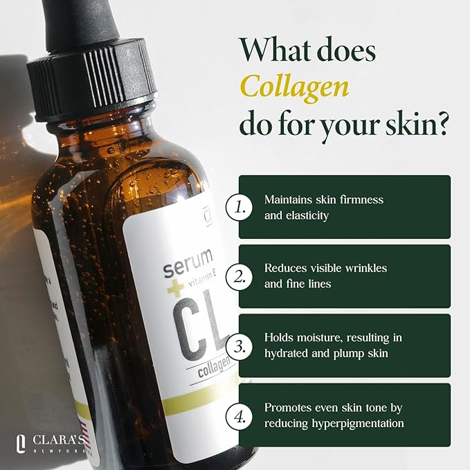CLARA'S NEW YORK Collagen Facial Serum with Vitamin E – Hydrating, Smoothing & Brightening Skin – 30ml / 1 Fl Oz – Made in USA