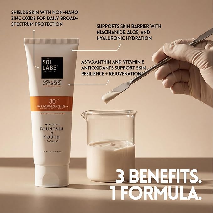SOL LABS Mineral Sunscreen SPF 30 Face & Body - Lightweight, Hydrating Daily Moisturizer - No White Cast - Anti-Aging Formula with Niacinamide, Zinc Oxide - Reef Safe Korean Skin Care - 4oz