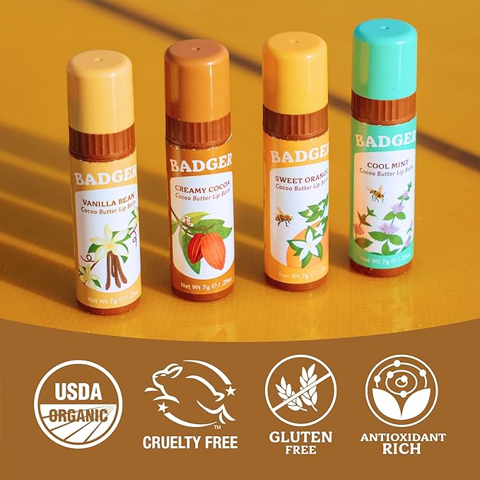 Badger Creamy Cocoa Cocoa Butter Lip Balm, Long Lasting Hydrating Lip Moisturizer, Fair Trade, Large Size Stick, 100% Organic Lip Care, 4-pack