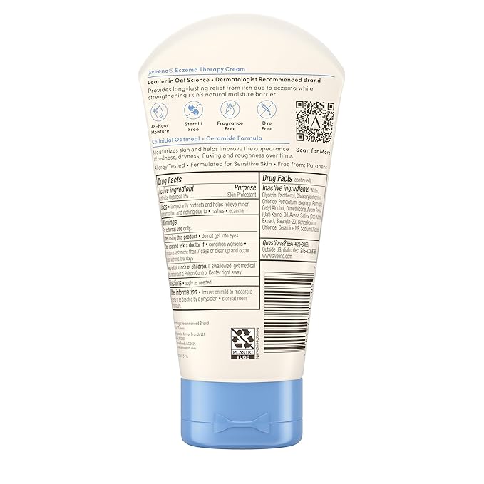 Aveeno Eczema Therapy Daily Moisturizing Body Cream for Itchy, Dry, Sensitive Skin, Soothing Eczema Relief Cream, 1% Colloidal Oatmeal Skin Protectant, Dye-, Steroid- & Fragrance-Free, 5 oz
