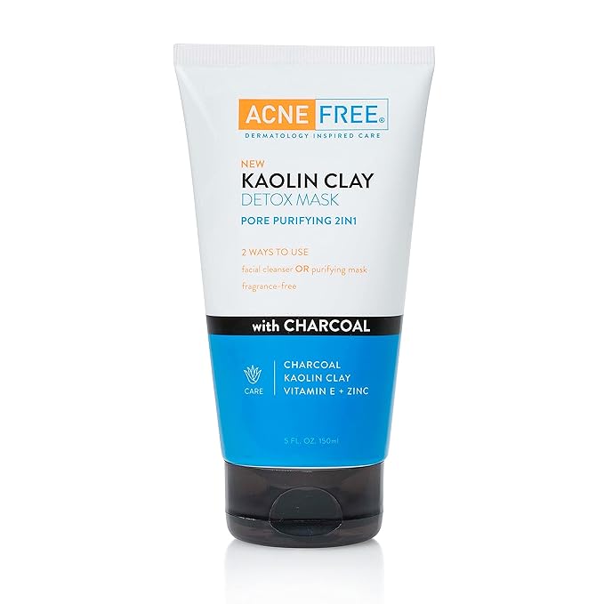 Acne Free Kaolin Clay Detox Mask 5oz with Charcoal, Kaolin Clay, Vitamin E + Zinc, Cleanser or Mask for Oily Skin, To Deeply Clean Pores and Refine Skin