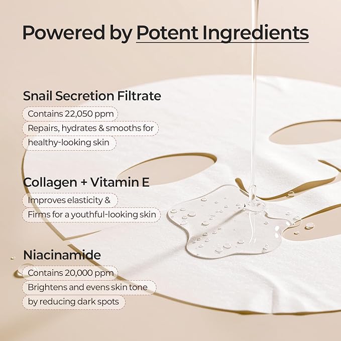 MOTHER MADE Snail Face Mask With Niacinamide 2% & Vitamin E, Collagen Sheet 10 EA, For Dry & Sensitive Skin, Mascarillas Para La Cara, Hyaluronic Acid, Korean Skincare