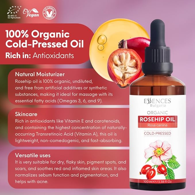 Essences Bulgaria Organic Rosehip Oil 3.4 Fl Oz | 100ml | 100% Natural Cold-Pressed Oil | Therapeutic Quality | Family Owned Farm | Massage Base Oil | Natural Moisturizer | Ideal Carrier Oil