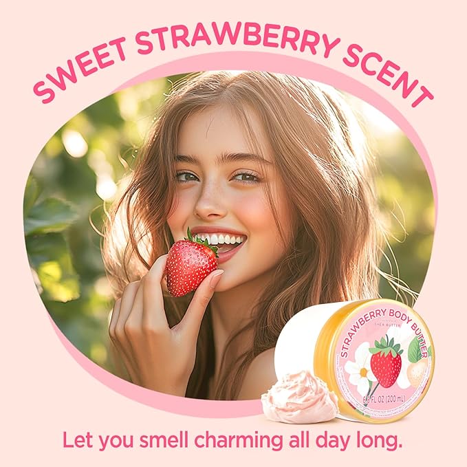 Strawberry Body Butter, Natural Shea Body Butter for Dry Skin, Womens and Mens Body Care, Body Care for Deep Moisturizing and Hydrating-3.4 floz+6.8 floz