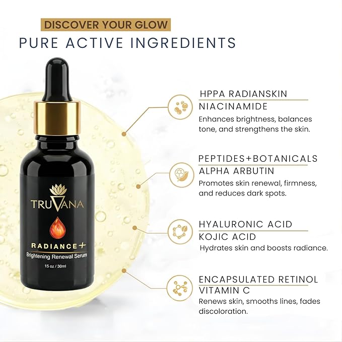 Radiance Brightening Firming Serum with 12% Vitamin C, RadianSkin, Niacinamide, Retinol,Hyaluronic Acid, Kojic Acid,Peptides, Reduce Dark Spots, Uneven Skin Tone, Smooth Fine Lines, 1 fl oz