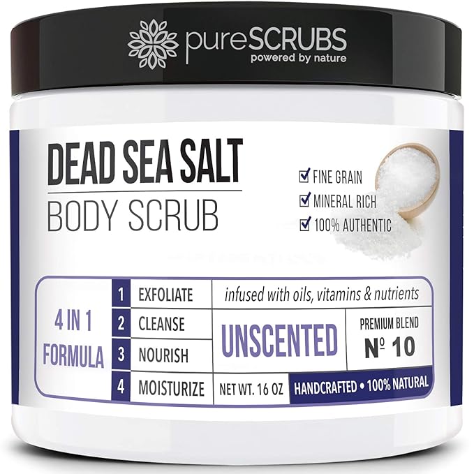 pureSCRUBS Premium Unscented Body Scrub Set - Large 16oz Dead Sea Salt Scrub, Sensitive Dry Skin Formula Includes Wooden Spoon, Loofah & Oatmeal Exfoliating Bar Soap - Spa Gift For Women