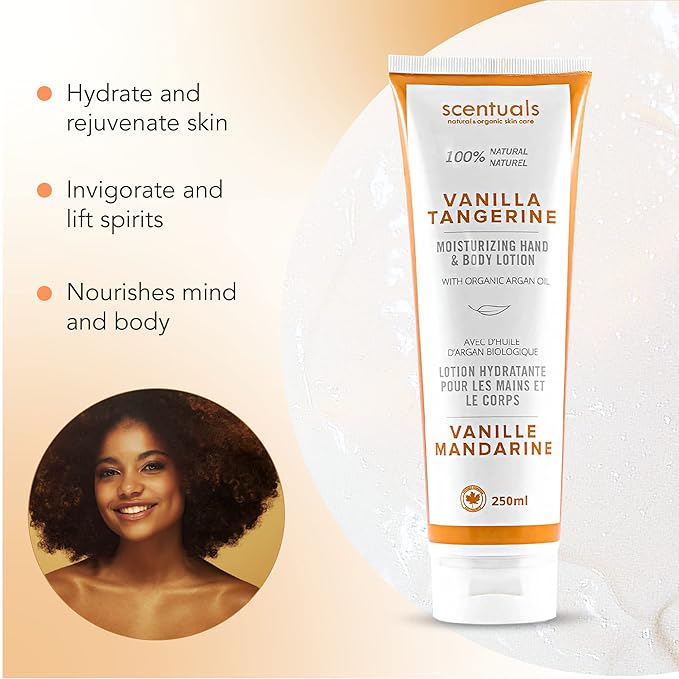 Hand & Body Cream Scented with Essential Oil Vanilla Tangerine, Made with Organic Argan Oil, Olive Oil, Aloe Juice, for Dry Skin, Cruelty Free, Natural Skin Care Products, 250 ml, 8.45 fl.oz