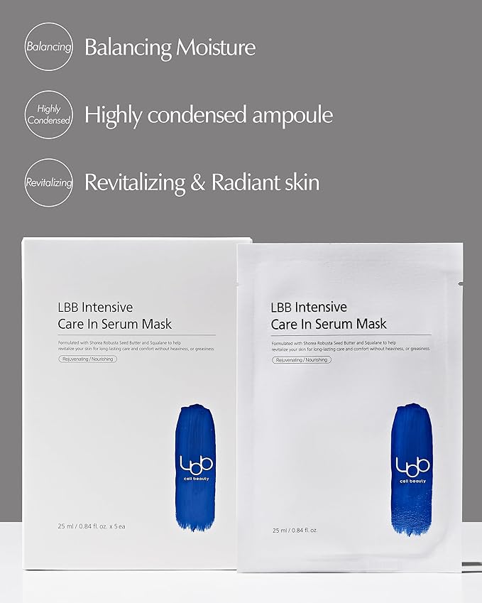 LBB Intensive Care In Serum Mask - Hypoallergenic Face Mask Sheet for Revitalizing, Long Lasting Moisturizing - Vegan Paper Mulberry Sheet - Squalane, Shea Butter, 5 Sheet
