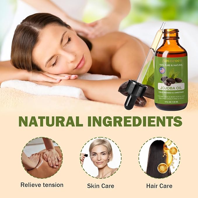 Natural Jojoba Oil for Hair&Skin, Cold Pressed, Unrefined Deeply Moisturizing Body Carrier Oils for Essential Oils Mixing, 4fl oz