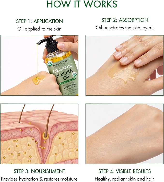 Majestic Pure USDA Organic Jojoba Oil 8 Fl Oz - 100% Pure and Natural- Cold Pressed & Hexane Free Natural Hair Growth Oil for Eyelashes, Eyebrows, Skin, Body, Face, Nails & Scalp