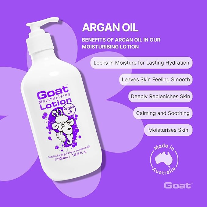Goat Milk Lotion - Moisturizing - Non Greasy - 17 oz Enriched Milk, Suitable for Dry, Itchy or Sensitive Skin - Made in Australia - Argan Oil