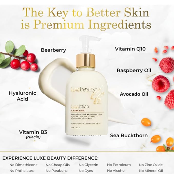 Luxe Beauty Non Greasy & Hyaluronic Acid Moisturizer for Face, Neck & Hands – Anti Aging & Non Toxic Body Lotion - Vanilla Lotion w/Silicone-Free, Organic & Plant-Based Ingredients