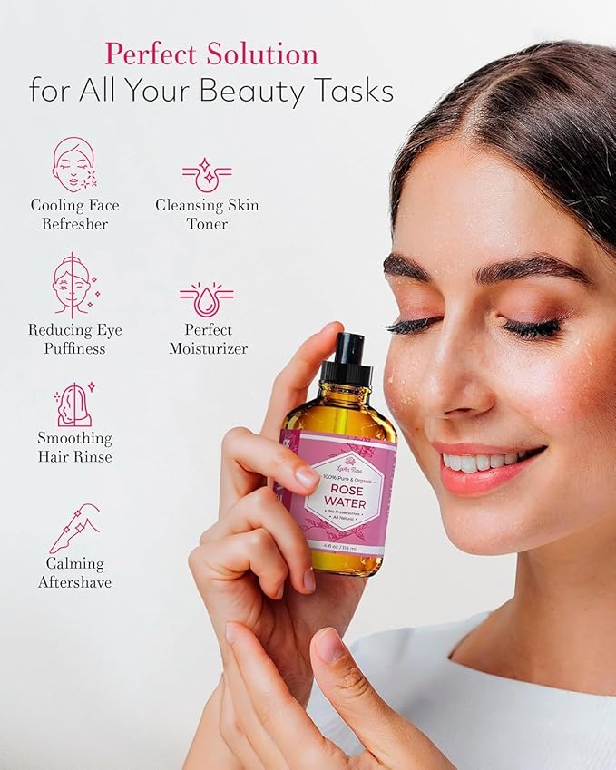 Rose Water Facial Toner by Leven Rose, Pure Natural Moroccan Rosewater Hydrosol Face Spray 4 oz