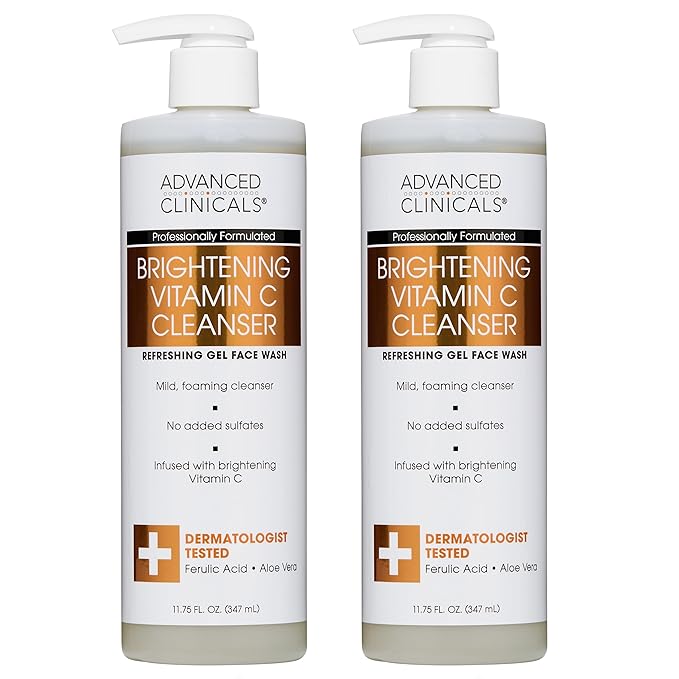 Advanced Clinicals Gentle Vitamin C Face Wash For Women & Men | Citrus Scented Gel Facial Cleanser Soap | Aloe Vera + Ferulic Acid Hydrating Foaming Wash For Cleansing Dirt & Oil, 11.75 Fl Oz, 2PC
