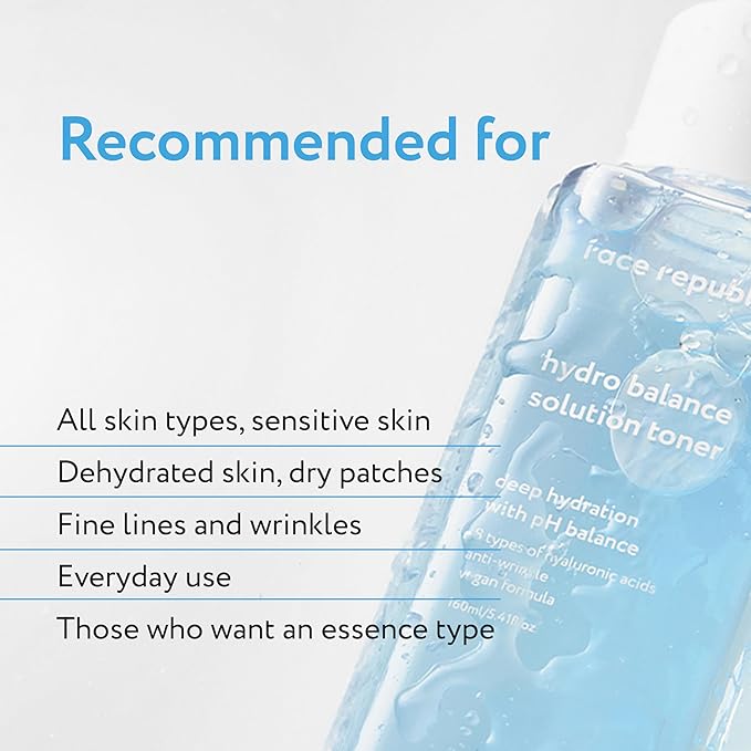 Face Republic Hydro Balance Solution Toner 160ml 5.41 fl oz | Hydrating & Balancing | Hyaluronic Acids, Panthenol, Adenosine | Soft, Plump Skin | Vegan Korean Skin Care
