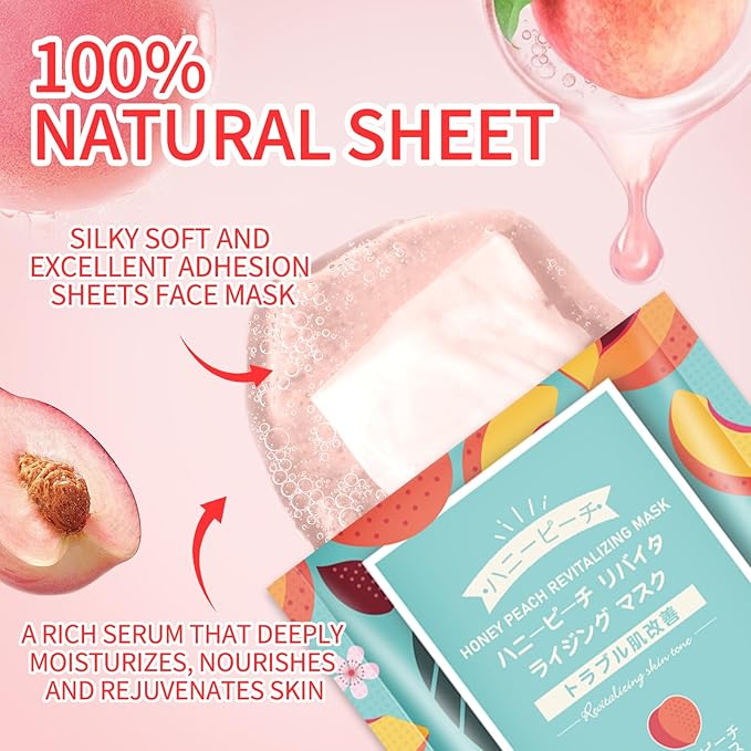 Hydrating Facial Masks Skincare for Women,Honey Peach Face Mask Sheet Skincare, Moisturizing Face Mask for All Skin Types (10-Packs)