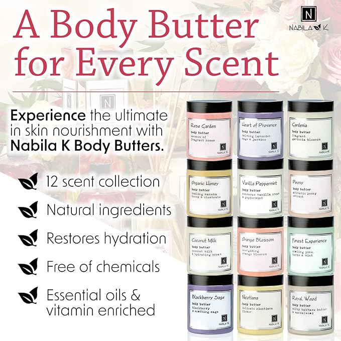 Nabila K - Rose Garden - Body Butter - Daily Moisturizing Skin Care Lotion - Manuka Honey - Shea Butter - Vitamin C - Argan Oil - Deep Hydrating Moisturizer - Natural Ingredients - Body Cream - 2 oz