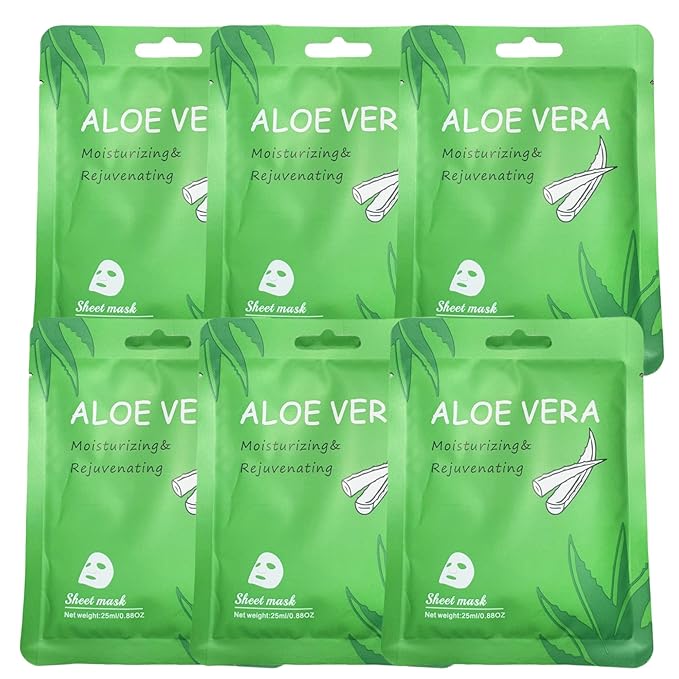 Vegan Organic Face Mask Sheet – Hydrating, Moisturizing & Brightening Skincare with Natural Ingredients for Glowing, Healthy Skin, 6 Count, Aloe Vera