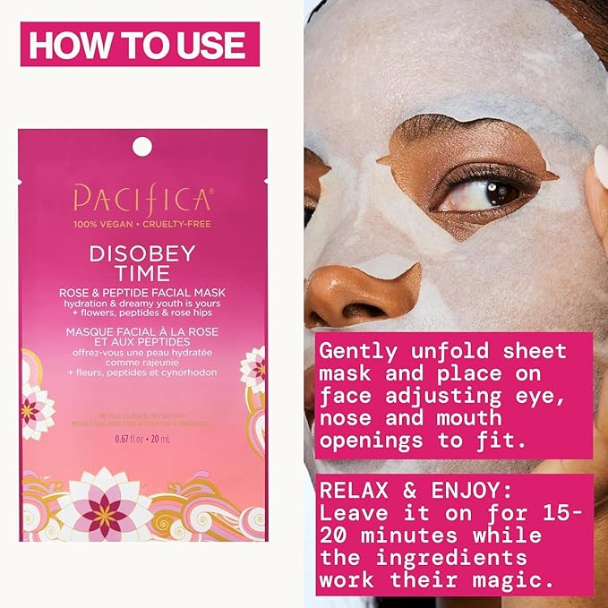 Pacifica Disobey Time Rose & Peptide Facial Sheet Mask 6-PACK Hydrating Anti-Aging Mask for Fine Lines & Dry Skin Infused w/Hyaluronic Acid & Chamomile Clean Vegan & Cruelty-Free Dermatologist Tested