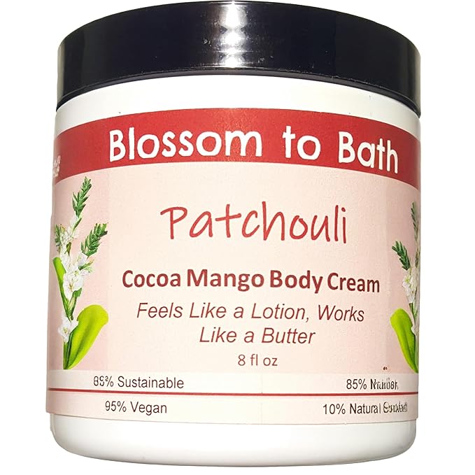 Blossom to Bath Patchouli Cocoa Mango Body Cream (8 Ounce) - Pure Essential Oil Fragrance - Feels Like A Lotion And Works Like A Butter with a Woodsy Exotic Scent