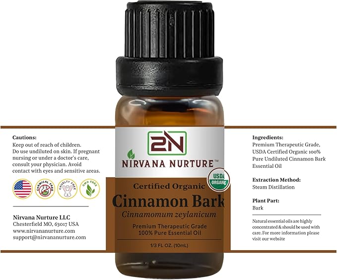 Cinnamon Bark Essential Oil, USDA Certified Organic, 100% Pure Undiluted, Aromatherapy Oil for Diffuser, Hair & Skin Care