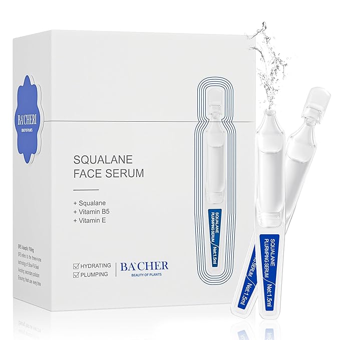 Squalane + Ceramide Face Serum with Vitamin E, Vitamin B5 and Vitamin A derivative, Deep Hydration & Skin Barrier Repair & Plump Skin, Lightweight Non-Greasy 15 Single-Use Ampoules