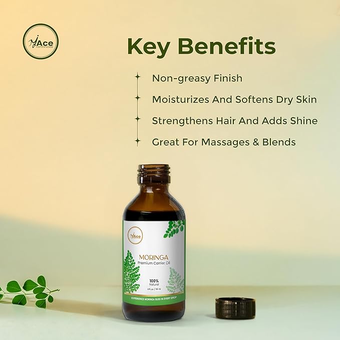 My Ace Moringa Carrier Oil | Pure Cold Pressed Unrefined Oil | Multipurpose Hair, Skin, Face & Body Oil, Aromatherapy – 4oz