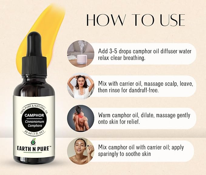 Earth N Pure Camphor Oil | Kapoor Oil | 100% Pure & Natural, Therapeutic Grade | Undiluted Essential Oil for Skincare, Hair Care, Aroma & Massage - 50 ML