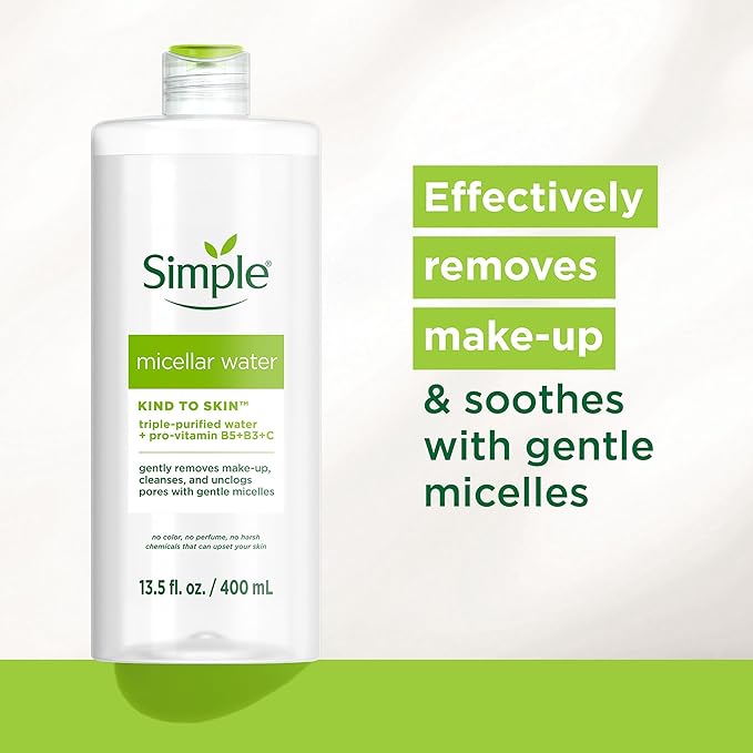 Simple Kind To Skin Micellar Water - Makeup Remover and Facial Cleanser - Face Cleanser with Pro-Vitamin B5, B3 and C - Vegan, No Perfumes - 4 pc