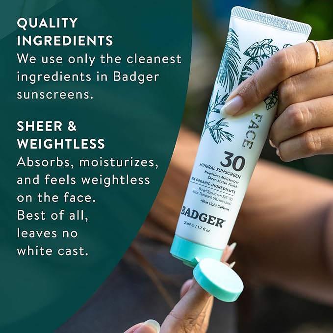 Badger Zinc Oxide Face Sunscreen SPF 30, Lightweight Mineral Sunscreen for Face, Matte Finish, No White Cast, Vegan, Water Resistant, Unscented, Mineral Sunblock Face Lotion, 1.7 fl oz