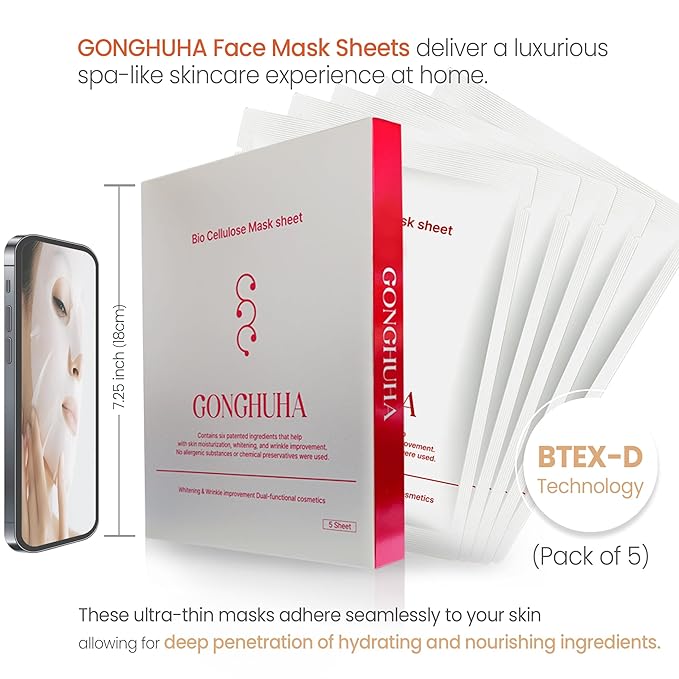 Red Ginseng Bio Cellulose Face Mask - Deep Hydrating Sheet Mask with Honeysuckle & Cica - Soothing Korean Skincare for Glowing Skin - 5 Count Box