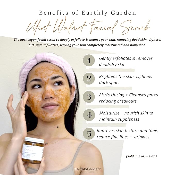 Earthly Garden Mint Walnut Exfoliating Face Scrub with AHA – Natural Microdermabrasion & Deep Pore Cleanser for Blackheads, Acne Scars & Glowing Skin – 2 oz